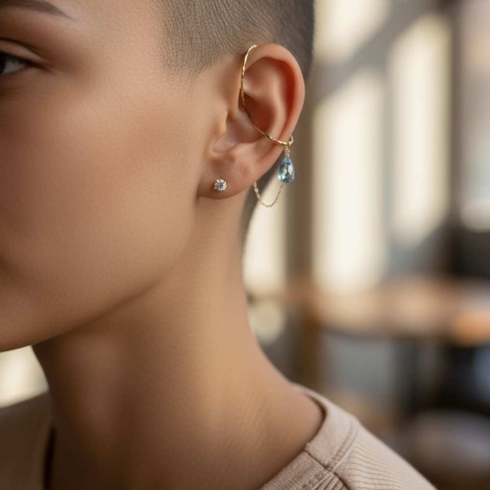 10K Gold One-pcs Loop Earring with Blue Topaz Drop Stone
